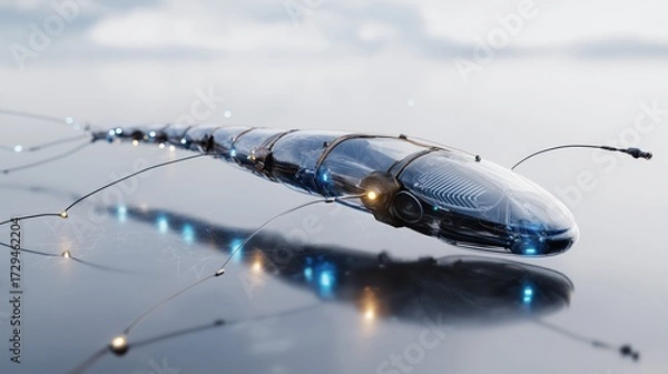 Fototapeta Futuristic symbiotic device with bioluminescent tissue and metallic components hovering above reflective surface.