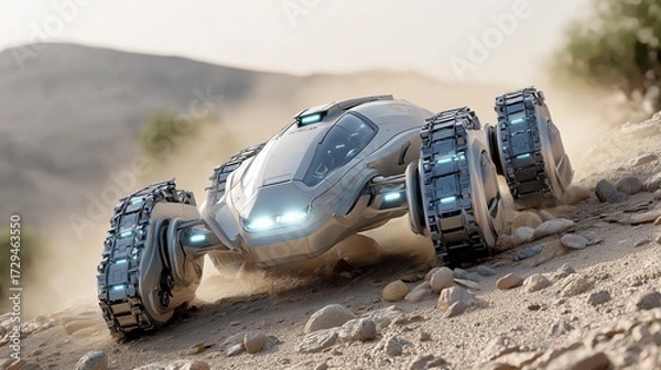 Fototapeta Sleek autonomous futuristic robot with glowing LEDs and holographic displays navigating rough terrain.