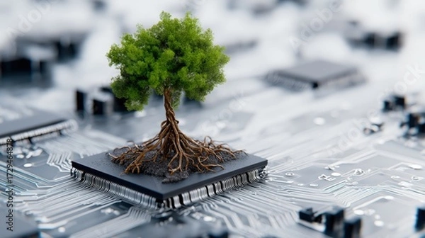 Fototapeta Green tree growing on computer chip with roots blending into circuit board, symbolizing technology meeting nature.