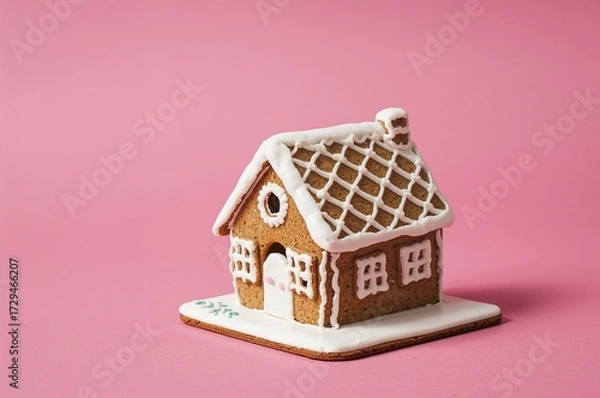 Fototapeta Handcrafted gingerbread cottage decorated with white frosting against a pastel pink backdrop. Idea of creating delightful handmade treats for festive occasions.