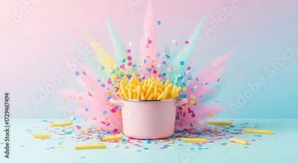 Fototapeta French fries in a pot with colorful explosion of confetti and powder
