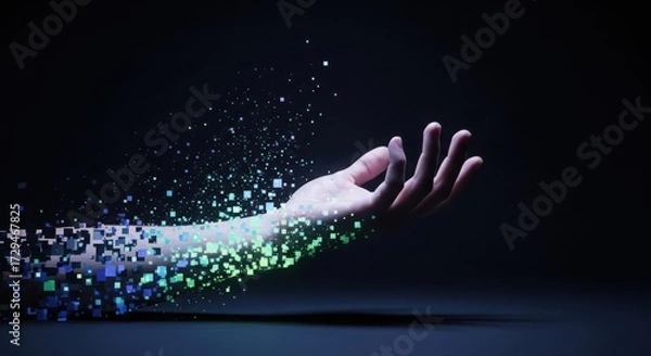 Fototapeta Hand disintegrating into digital cubes on a dark background