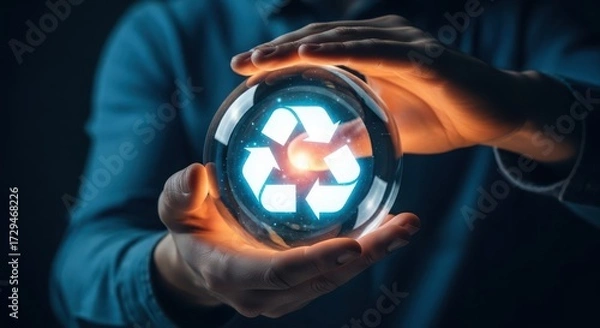 Fototapeta Hands holding a crystal ball with a glowing recycling symbol inside