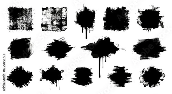 Obraz A Collection of 15 Diverse Abstract Ink Splatter Brush Stroke Textures and Grunge Effects for Creative Design Projects and Artistic Backgrounds
