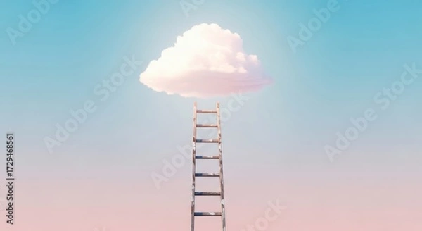 Fototapeta Ladder reaching up to a fluffy cloud in a pastel sky