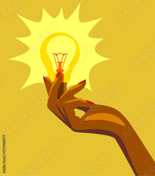 Fototapeta A woman's hand holds a glowing glass electric light bulb on a yellow background. Vector illustration in a flat, minimalistic style.