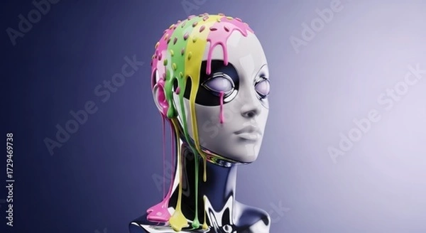 Fototapeta Mannequin head with colorful paint dripping down its face
