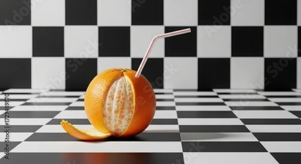 Fototapeta Peeled orange with a straw, on a checkered surface
