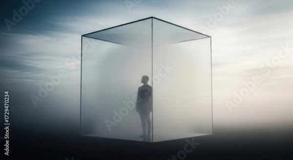 Fototapeta Person standing inside a glass cube in a foggy environment