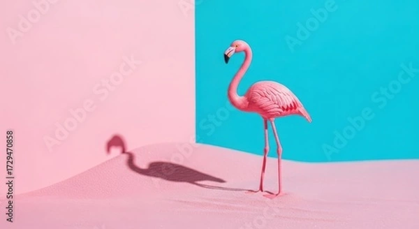Fototapeta Pink flamingo figurine casting a shadow on a pink surface