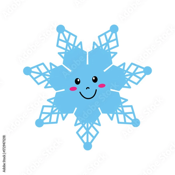 Fototapeta Cute Snowflake Character with a cheerful face, wide eyes, and a big smile. Features geometric arms with circular tips and pink cheeks.