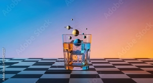 Fototapeta Planets in a glass of water with checkered background