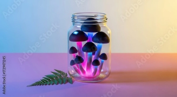 Fototapeta Psychedelic mushrooms in a jar with neon lighting and fern