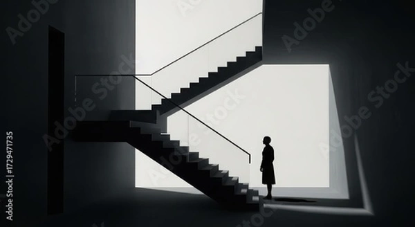 Fototapeta Silhouette of a person standing at the bottom of a staircase