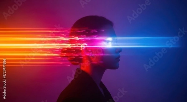 Fototapeta Silhouette of a person with light streaks representing thought