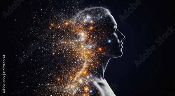 Fototapeta Silhouette of a womans head dissolving into sparkling particles