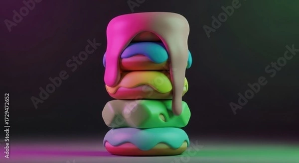 Fototapeta Stack of colorful donuts with dripping icing and dark background