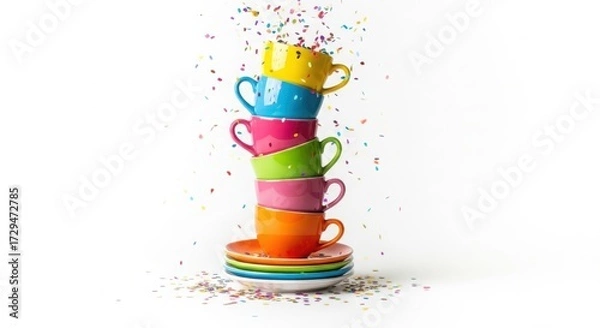 Fototapeta Stack of colorful teacups isolated on white background