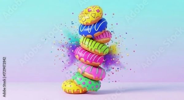 Fototapeta Stack of colorful donuts with sprinkles and powder explosion