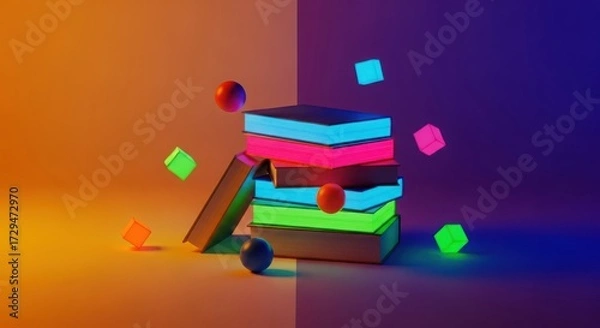 Fototapeta Stack of glowing books with floating geometric shapes and spheres