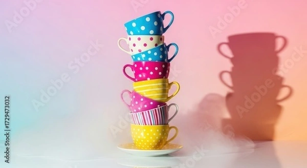 Fototapeta Stack of patterned teacups with smoke effect