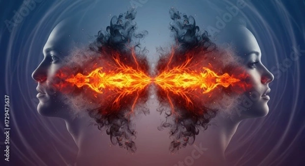 Fototapeta Two faces in profile facing each other with fiery energy between them