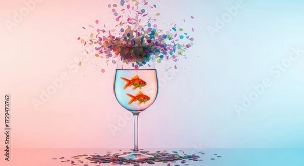 Fototapeta Two goldfish jumping out of a wine glass with confetti