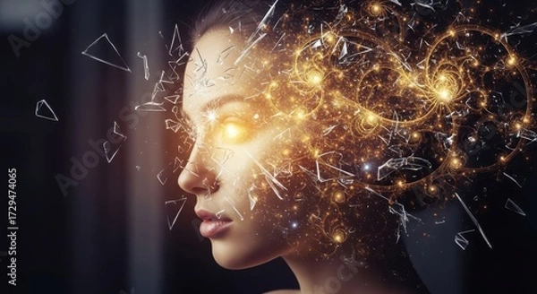 Fototapeta Womans head exploding into light and shards, representing ideas or thoughts