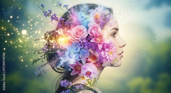 Fototapeta Womans face dissolving into colorful flowers and light
