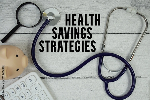 Obraz Health Savings Strategies text with Stethoscope and magnifying glass on wooden background