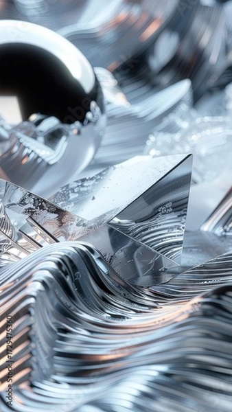 Fototapeta A surreal and artistic holiday visual with flowing, liquid-like ice or metal textures and a silver bauble.
