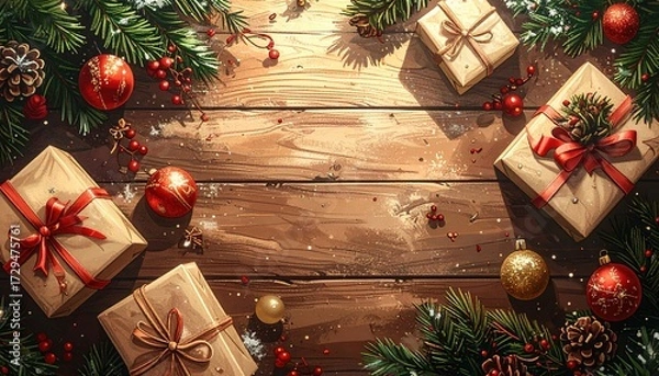 Fototapeta A rustic Christmas flat lay with wrapped gifts, golden ornaments, and fir branches on a wooden background.