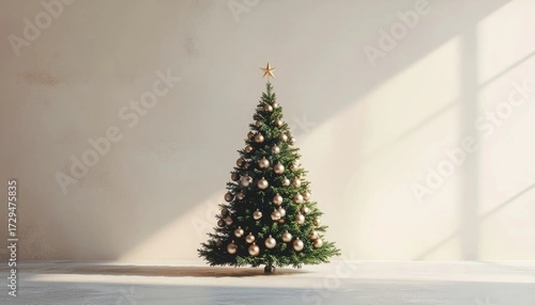 Fototapeta A bold and minimalist Christmas poster featuring a single decorated tree in an empty room with natural light.