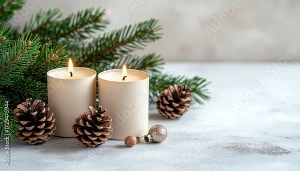 Fototapeta An eco-friendly Christmas poster with white candles, pine cones, and fir branches on a rustic wooden surface.