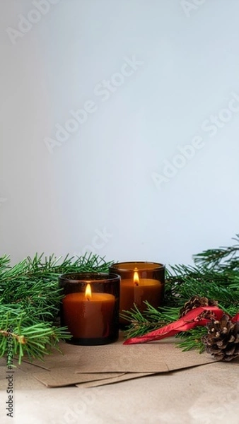 Fototapeta A minimalist and natural holiday flat lay with a blank card, candles, and fir branches, with copy space.