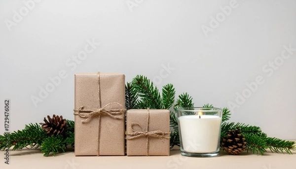 Fototapeta A rustic and natural Christmas poster featuring handmade gifts, a candle, and fir branches on a white background.