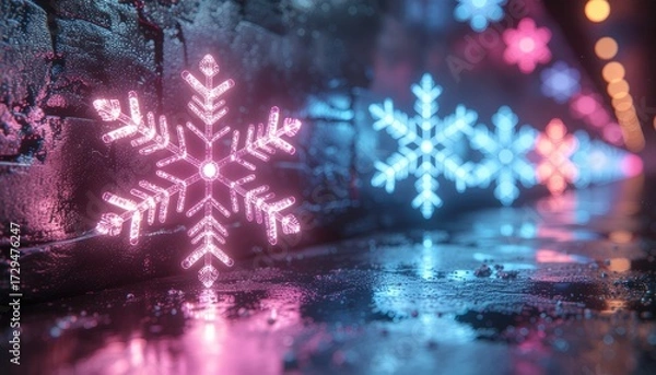 Fototapeta A close-up macro of a glowing neon snowflake in pink and blue, creating a futuristic cyberpunk winter background.