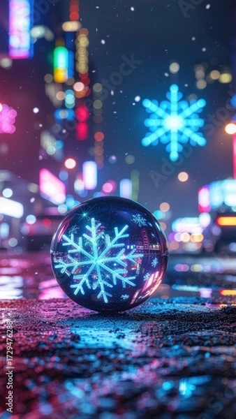 Fototapeta A futuristic cyberpunk Christmas scene in a city, with a glowing neon snowflake and vibrant street reflections.