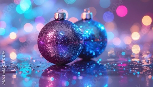 Fototapeta A futuristic Christmas background with blue baubles on a reflective floor, with vibrant pink and blue neon bokeh lights.