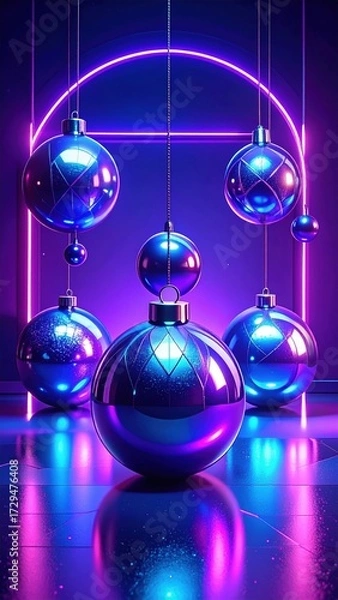Fototapeta A modern, futuristic frame for social media, with hanging Christmas baubles and a glowing pink neon rectangle.