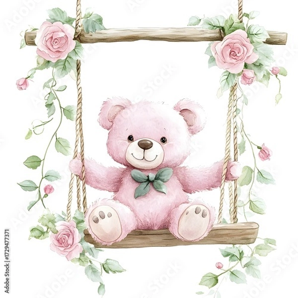 Fototapeta Cute pink teddy bear sitting on a swing surrounded by roses in a cheerful and playful atmosphere