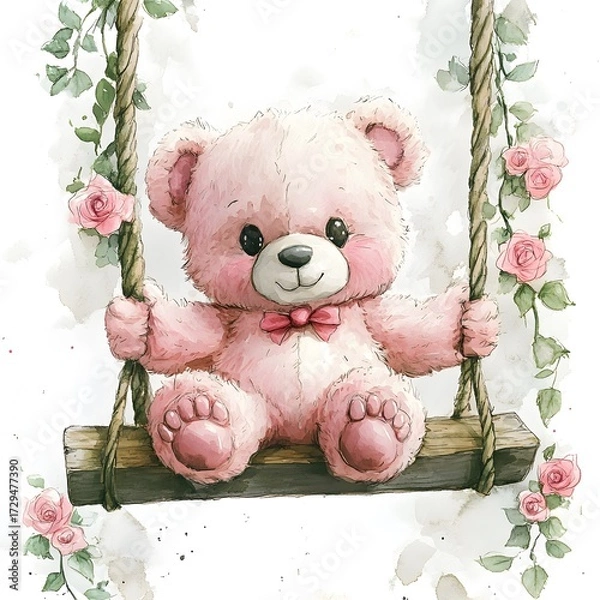 Fototapeta A fluffy pink teddy bear sits on a wooden swing, adorned with a delicate bow. Beautiful roses frame the swing, creating an enchanting atmosphere in a vibrant garden.