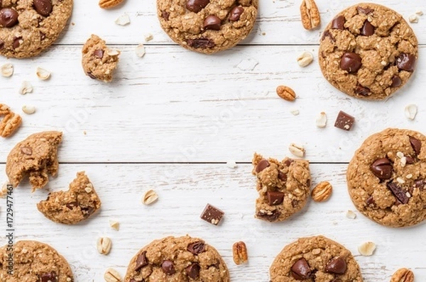 Fototapeta Healthy gluten-free oatmeal cookies on a white wooden surface, flat lay with space for text