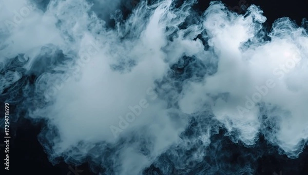 Fototapeta Dense white smoke and fog swirling in motion blur against a dark backdrop