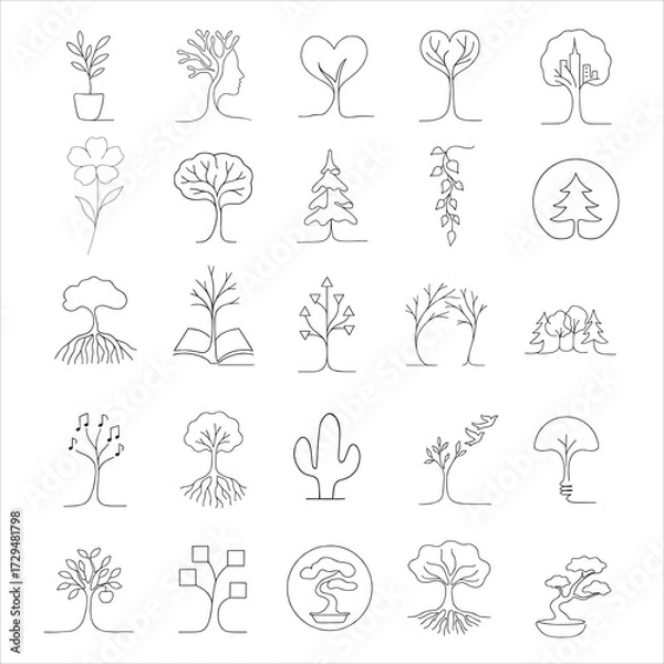 Obraz Set of tree one-line art vector illustrations