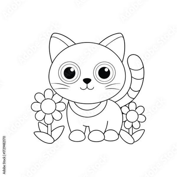 Obraz Cat with flower color page vector illustration