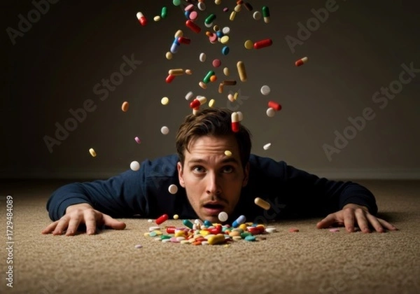 Fototapeta Concept of overdose: pills dropping onto man below.