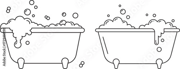 Fototapeta Two bathtubs filled with bubbles and water silhouette isolated on white background