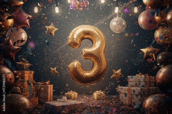 Fototapeta Golden numeral soaring amid confetti, presents, disco ball, and balloons against a backdrop of lights and sparks, imaginative concept.