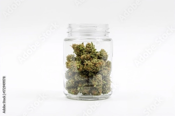 Fototapeta Glass container half full of marijuana isolated on white background